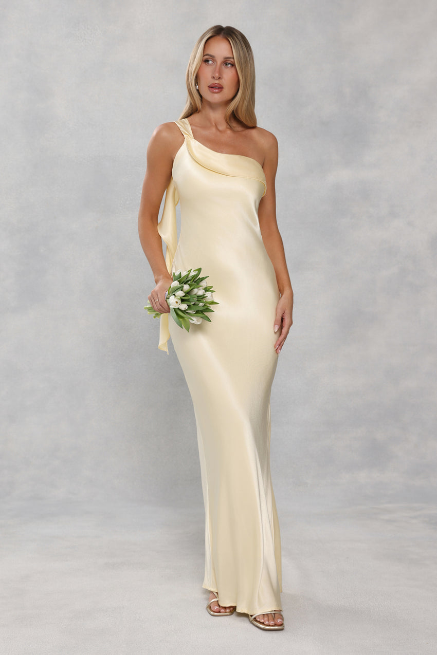The Zafira One Shoulder Satin Maxi Dress Yellow