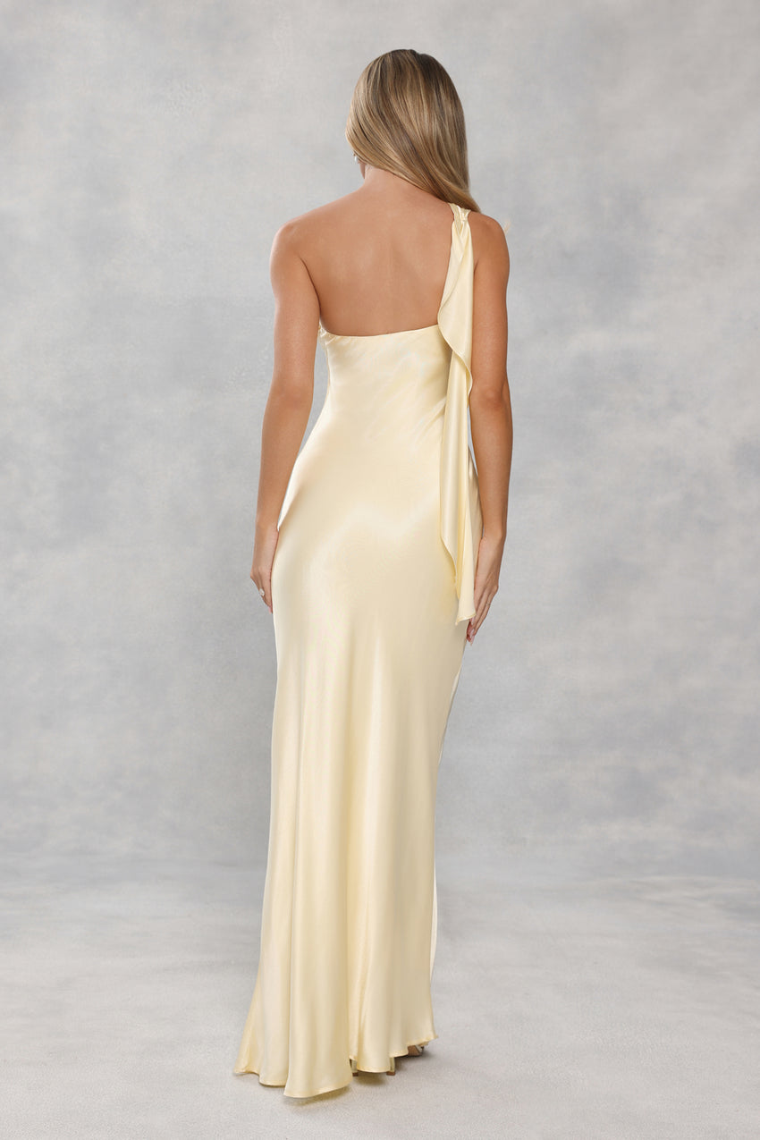 The Zafira One Shoulder Satin Maxi Dress Yellow