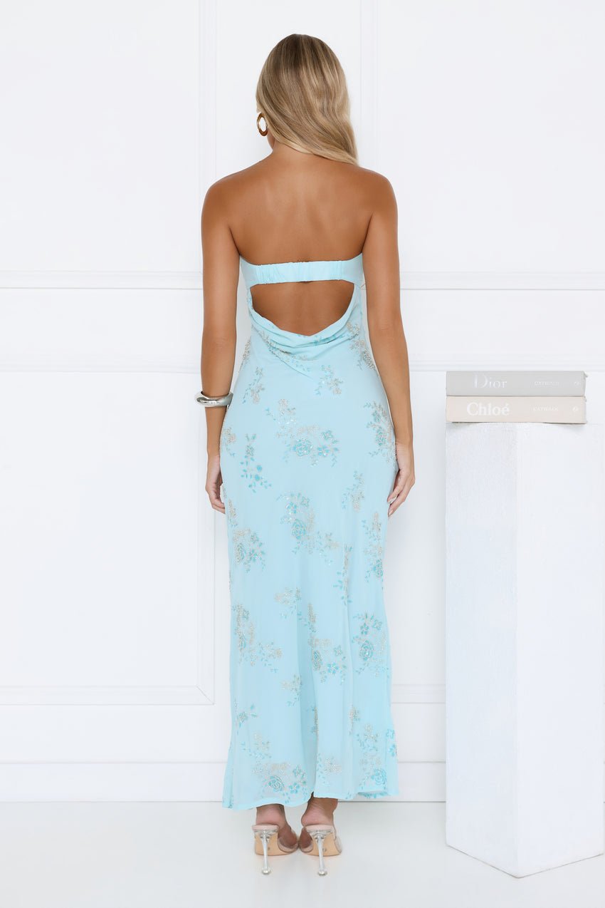 Sparkling Floral Embellished Strapless Maxi Blue