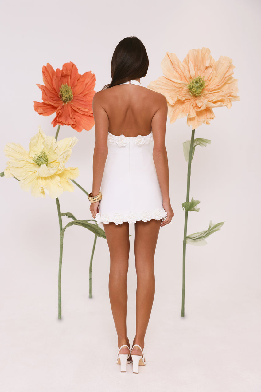 Field Of Petals Halter Mini Dress White