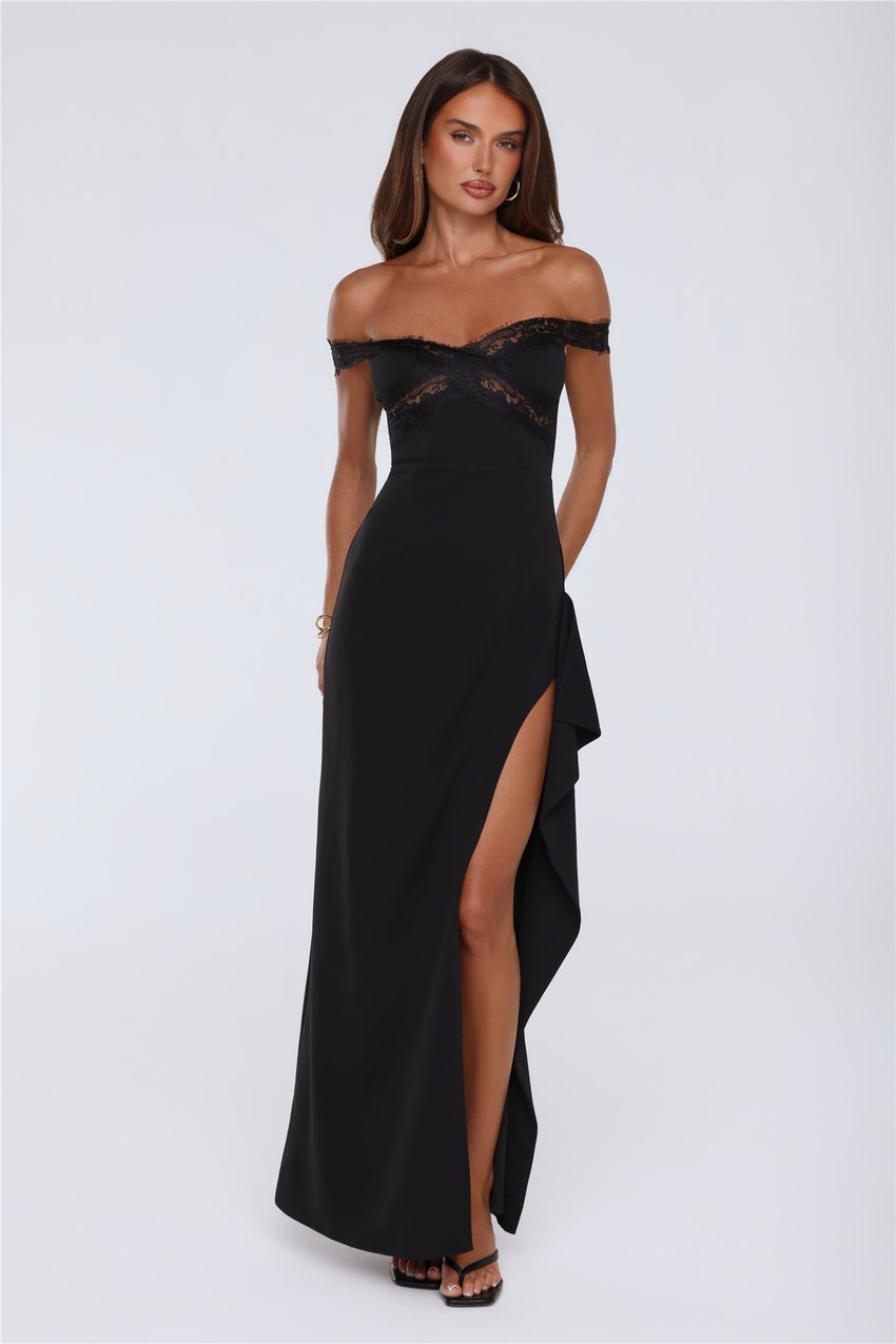 Ethereal Lace Off Shoulder Maxi Dress Black
