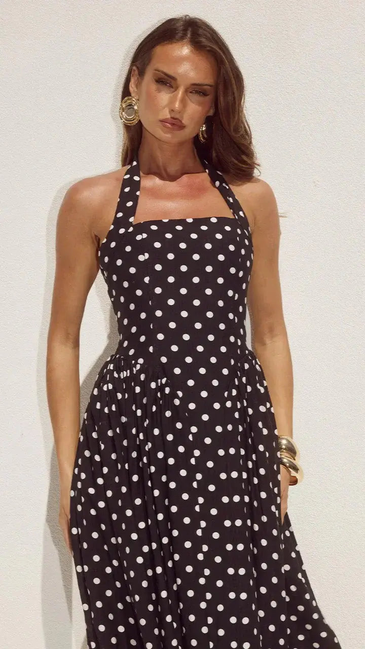 Sammi Halter Midi Dress - Black/White Polka