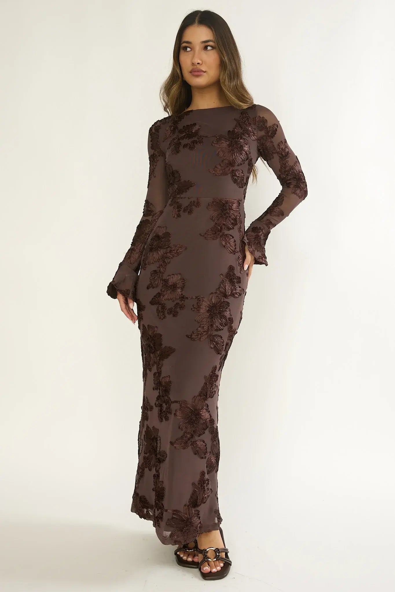 Helsi Long Sleeve Embellished Maxi Dress Brown