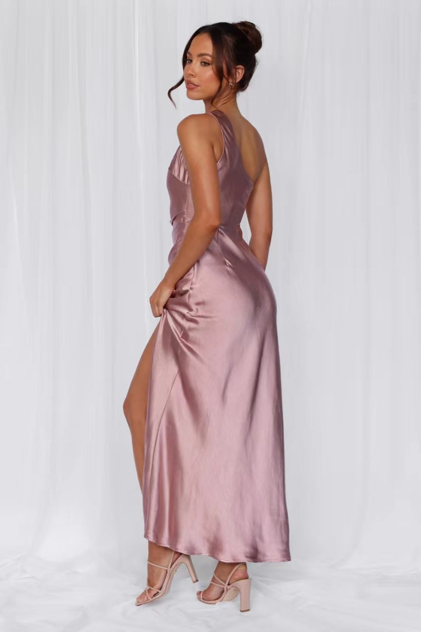 The Aurora One Shoulder Satin Maxi Dress Dusty Pink