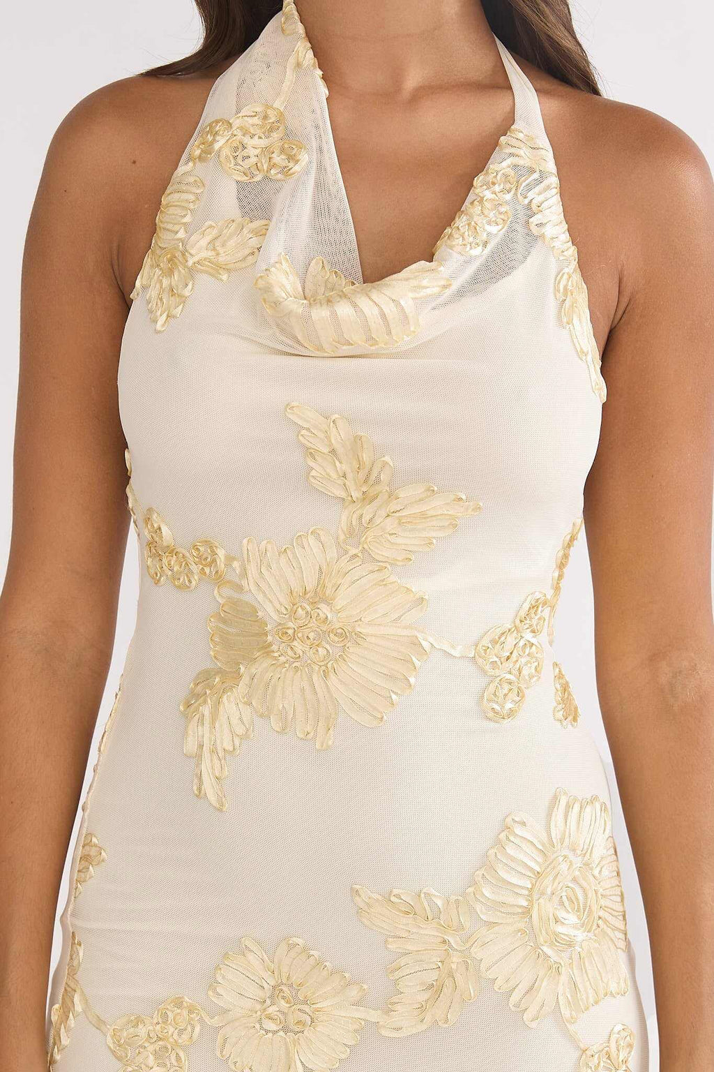 Kirralee Asymmetric Halterneck Embellished Maxi Dress Yellow