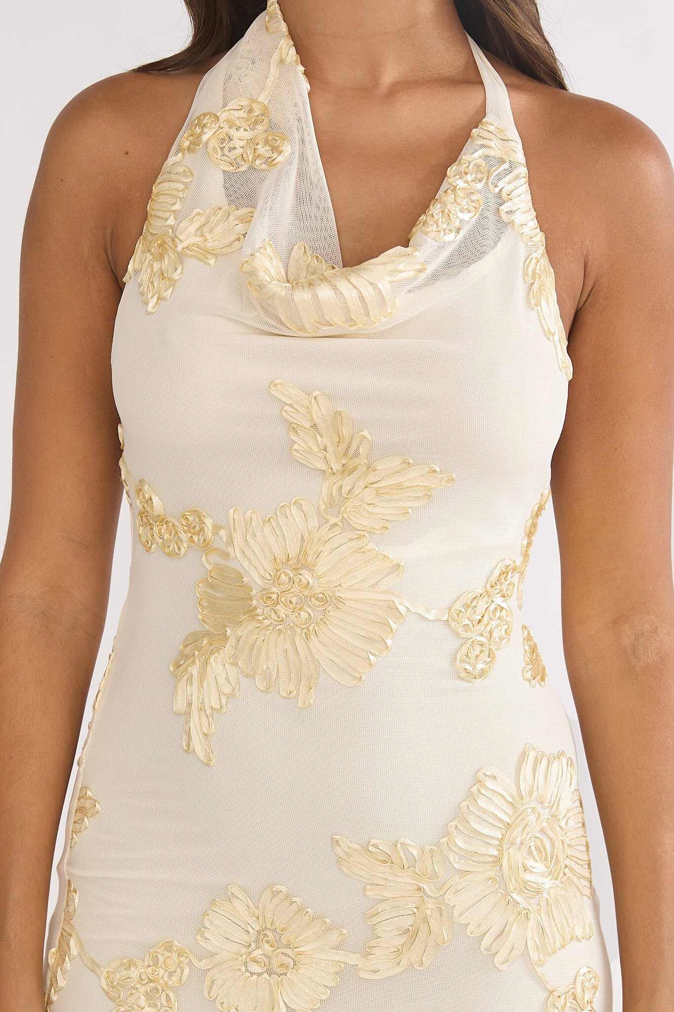 Kirralee Asymmetric Halterneck Embellished Maxi Dress Yellow