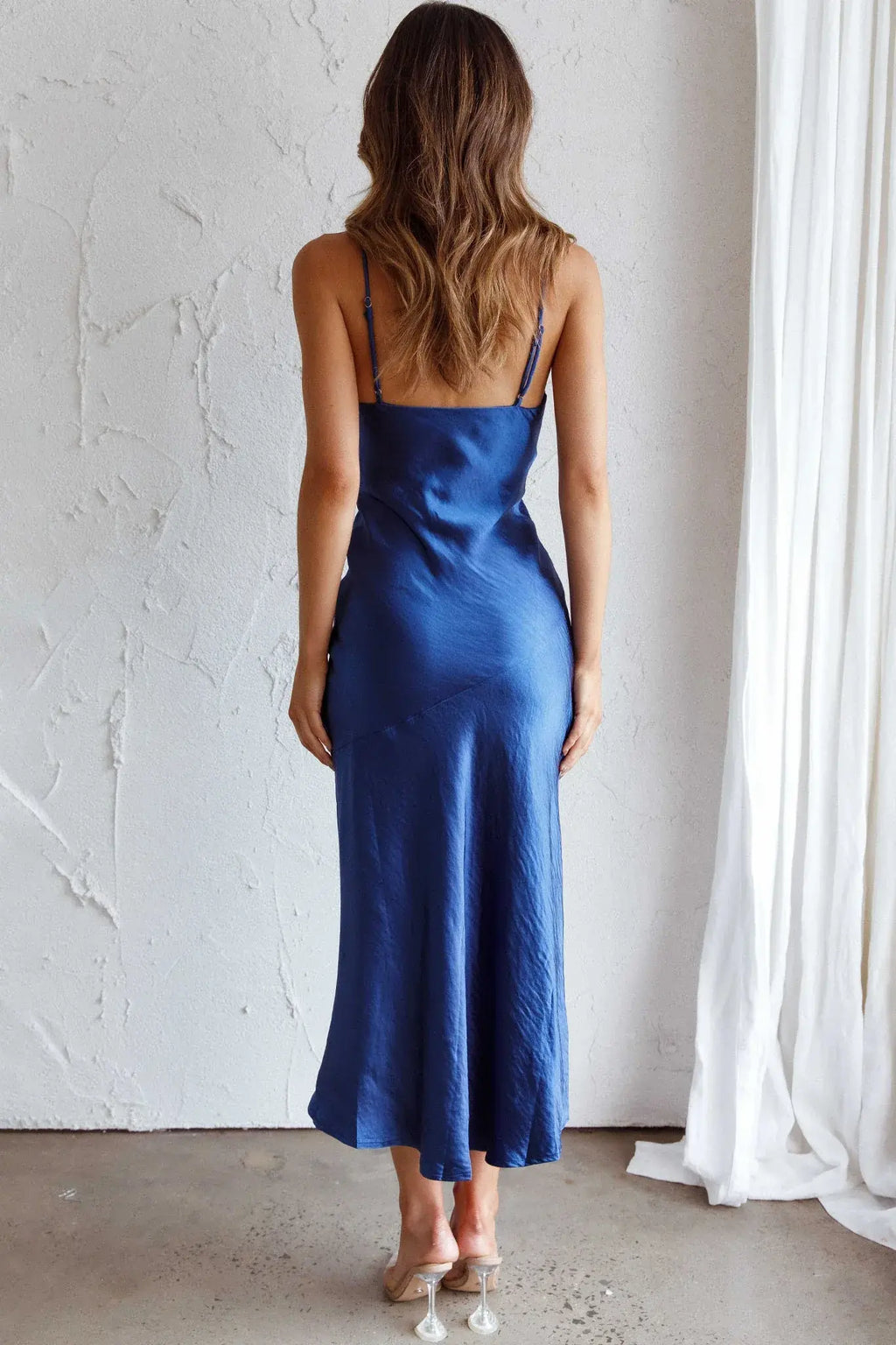 Downtown Cami Strap Front Split Midi Dress Navy