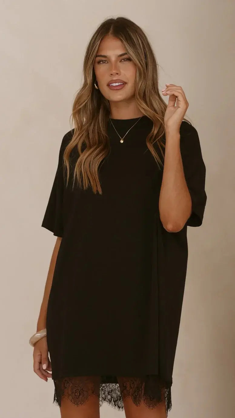 Saya T Shirt Lace Mini Dress - Black