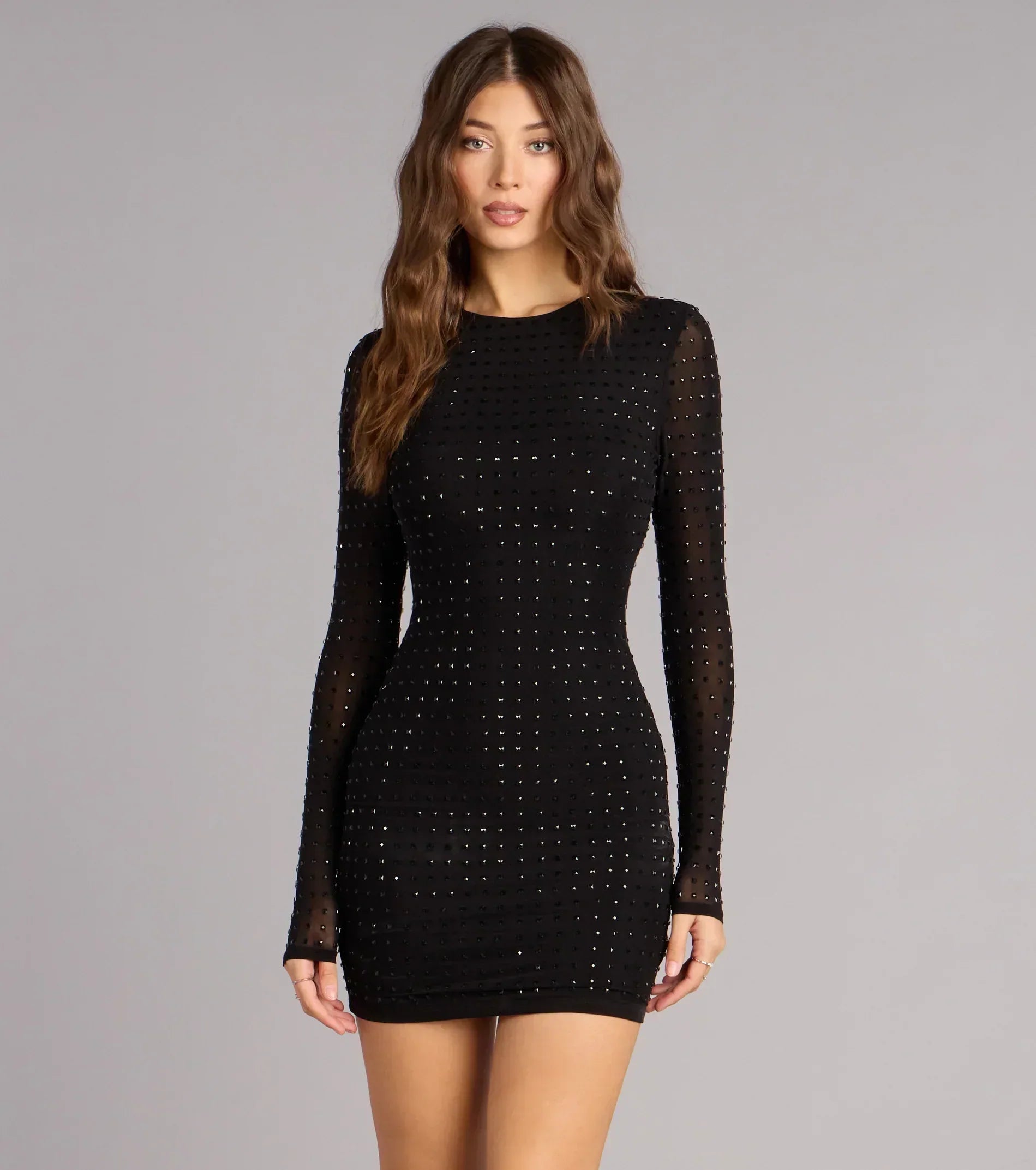 Sleek Impact Rhinestone Sheer Mesh Mini Dress
