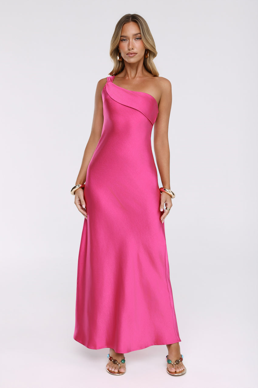 Romantic Tales Satin One Shoulder Maxi Dress Hot Pink