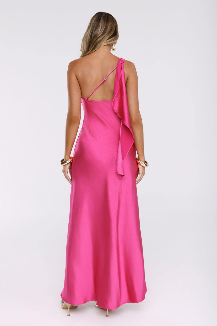 Romantic Tales Satin One Shoulder Maxi Dress Hot Pink