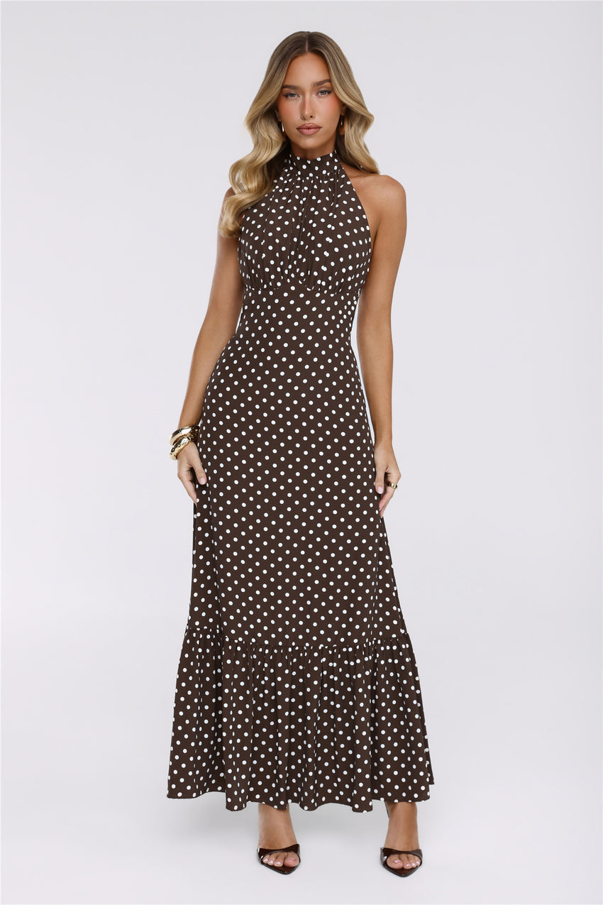 Pretty Wins Again Polka Dot Halter Maxi Dress Brown