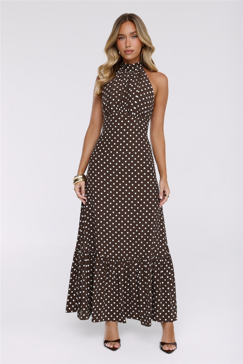 Pretty Wins Again Polka Dot Halter Maxi Dress Brown
