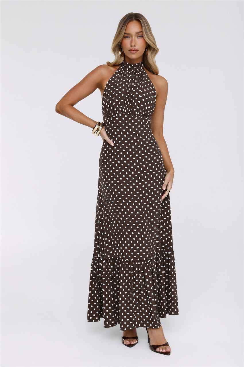 Pretty Wins Again Polka Dot Halter Maxi Dress Brown