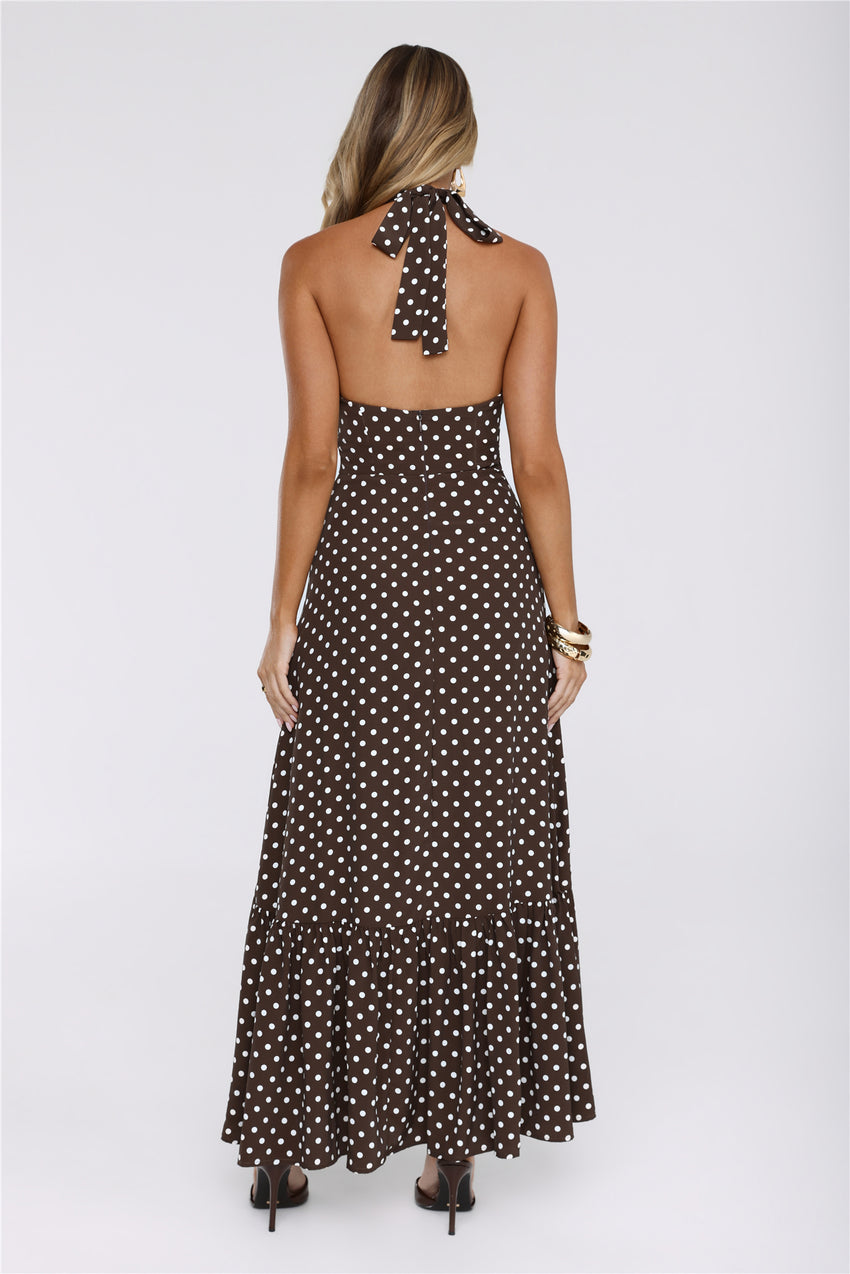 Pretty Wins Again Polka Dot Halter Maxi Dress Brown
