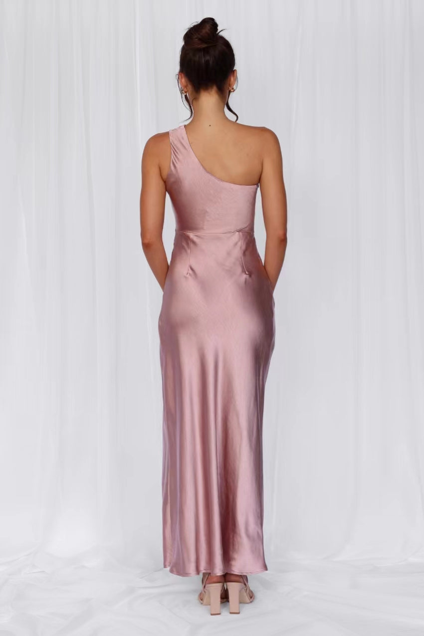 The Aurora One Shoulder Satin Maxi Dress Dusty Pink