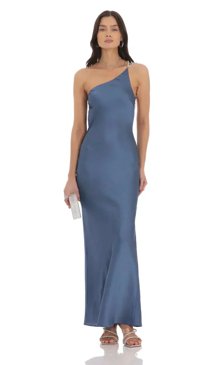One Shoulder Pearl Satin Maxi Dress In Slate Blue