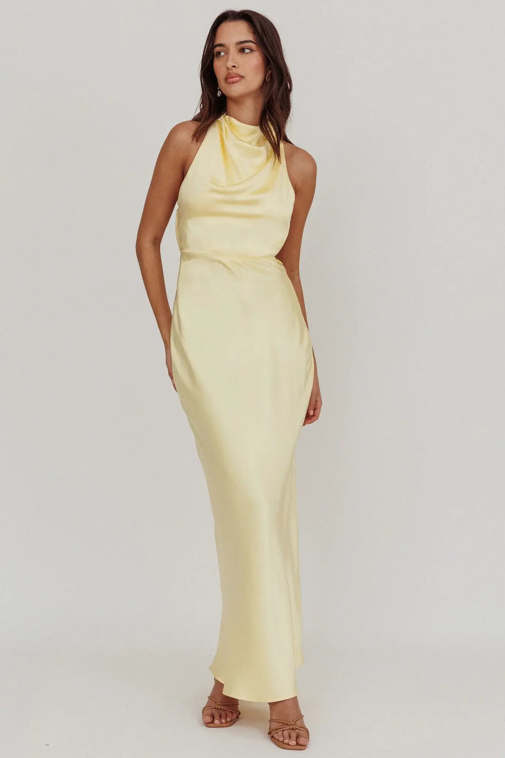 Gelato Pearl Strap Halter Maxi Dress Butter