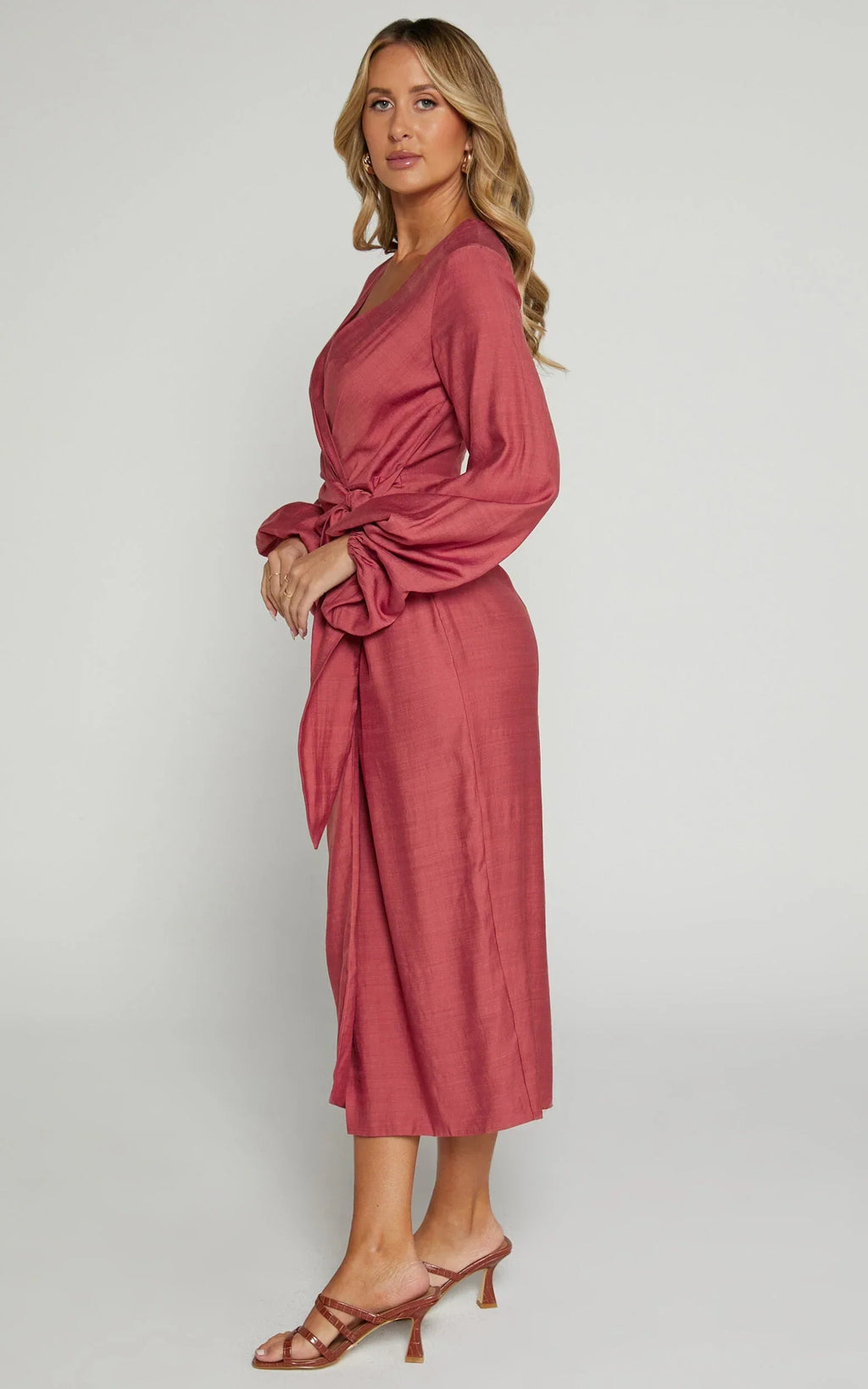Taylor Midi Dress - Long Sleeve Wrap Dress In Clay