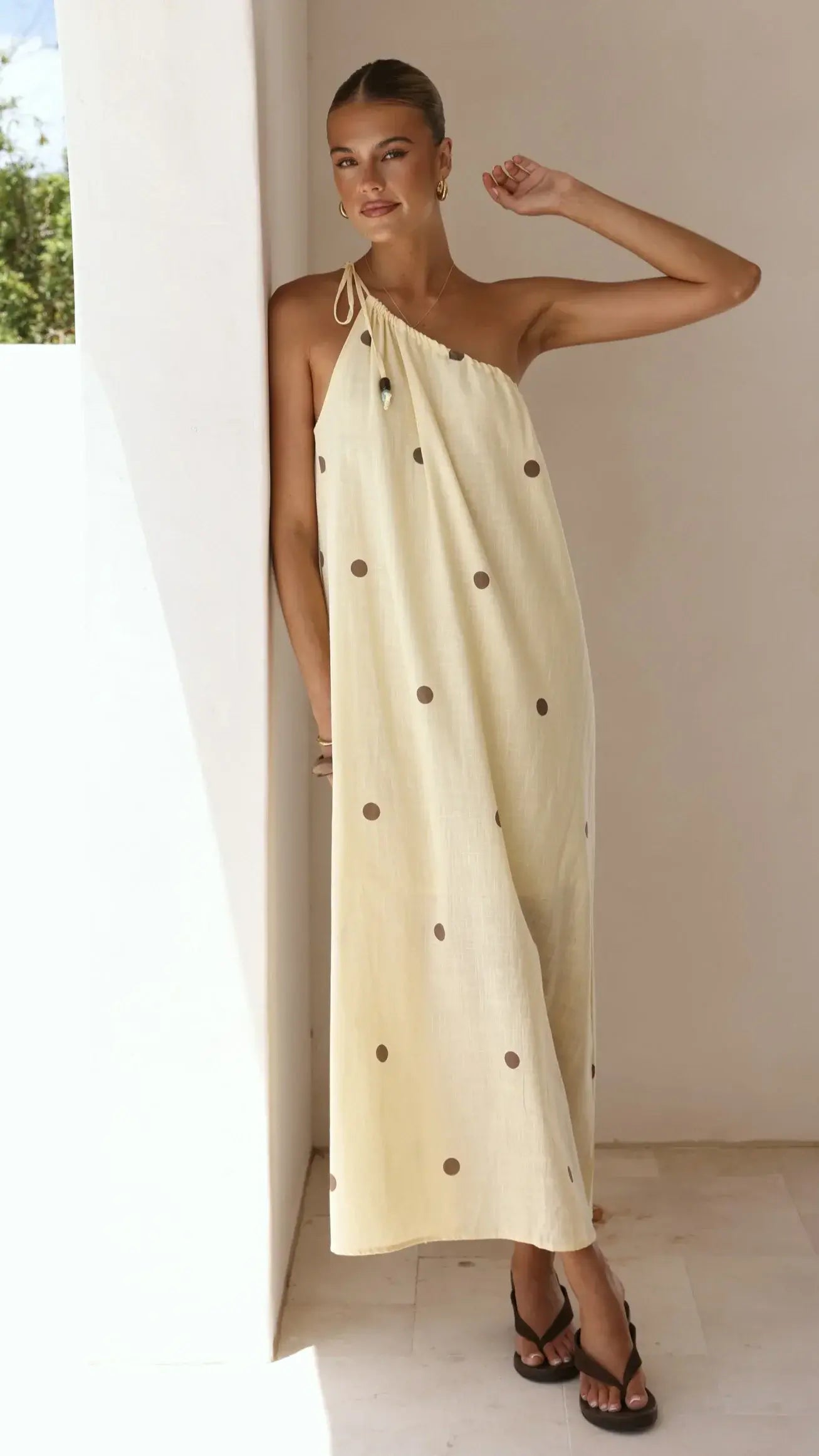 Nasira One Shoulder Maxi Dress - Yellow/Chocolate Polka
