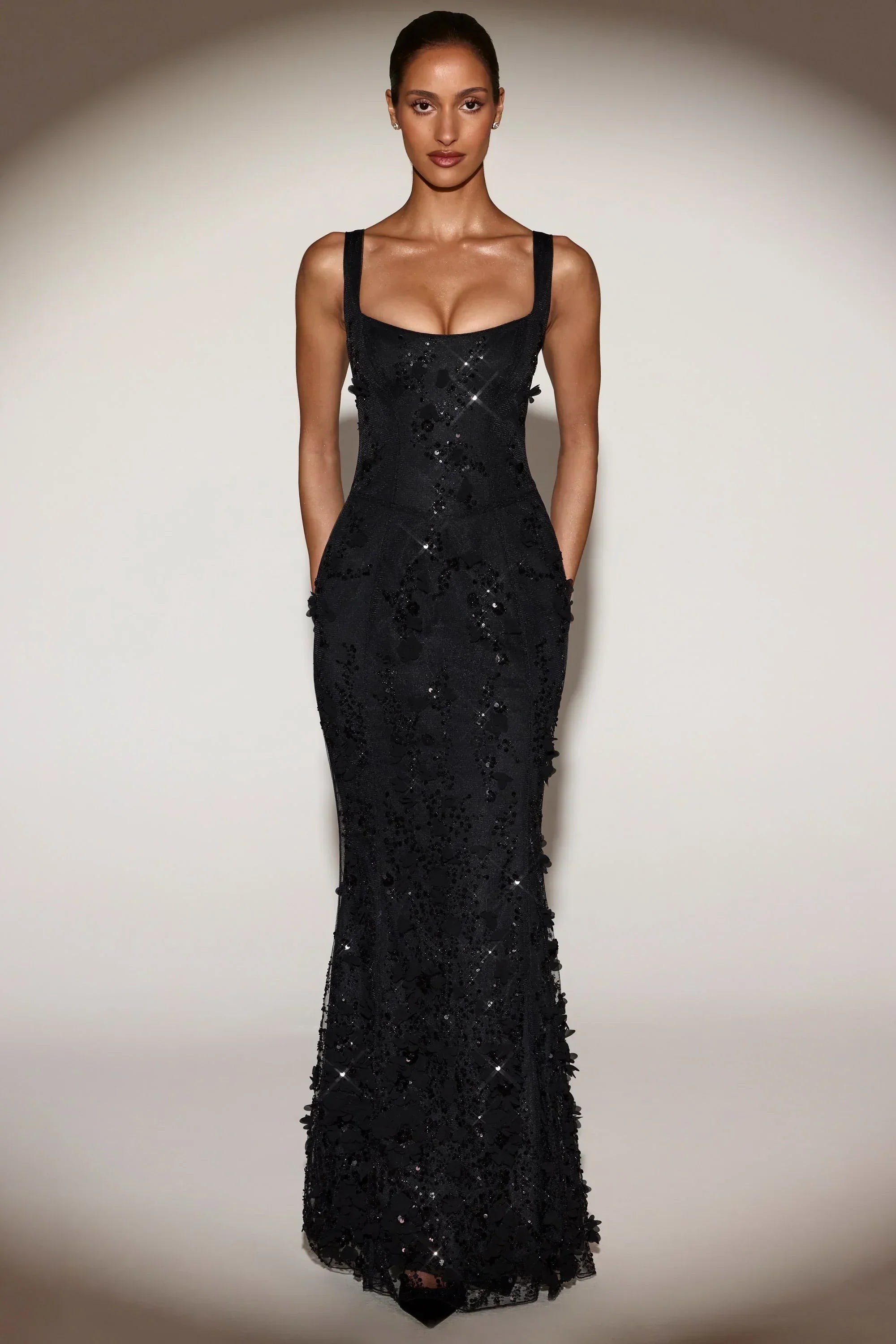 Embellished Appliqué Soft-Scoop Corset Gown In Black