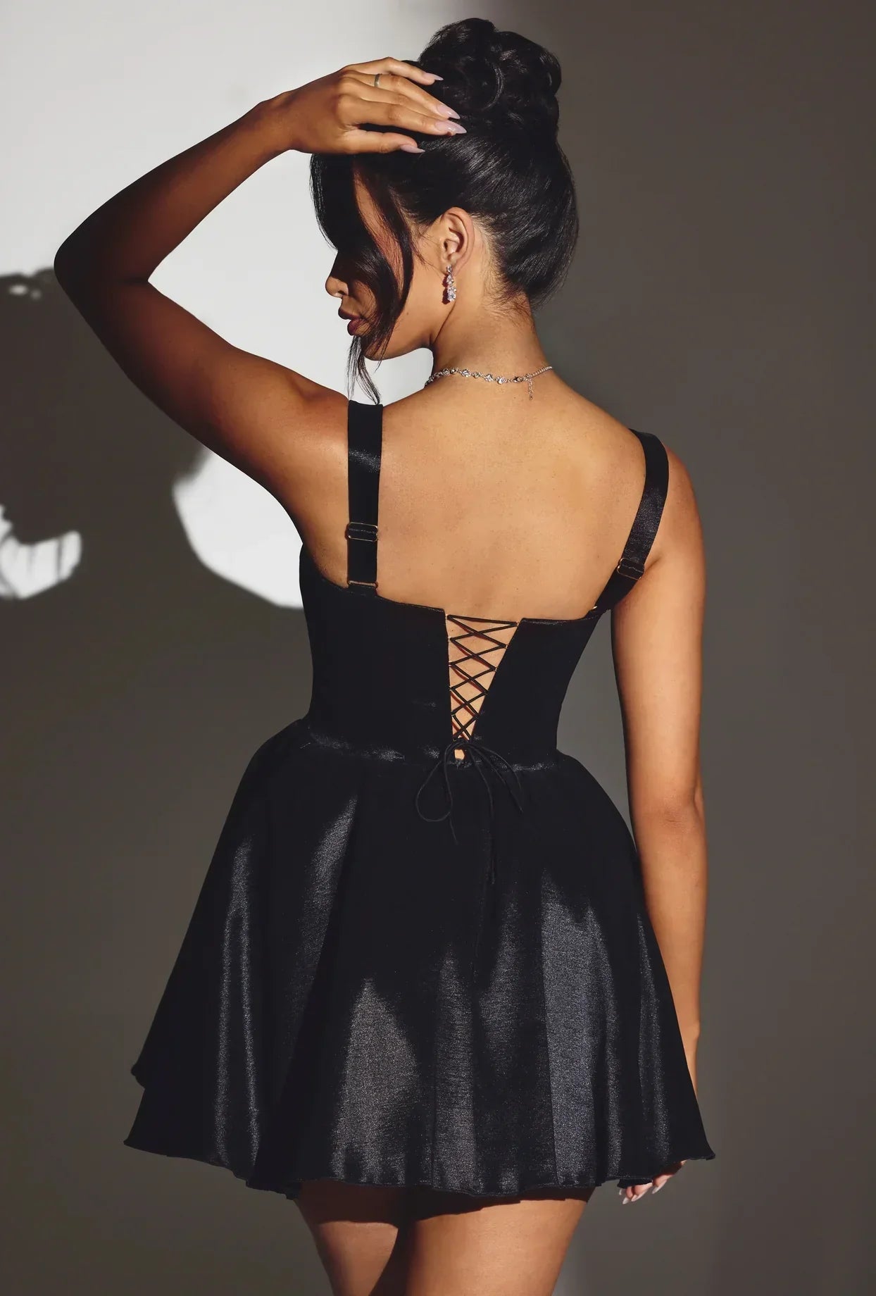 Woven Taffeta Corset Mini Dress In Jet Black
