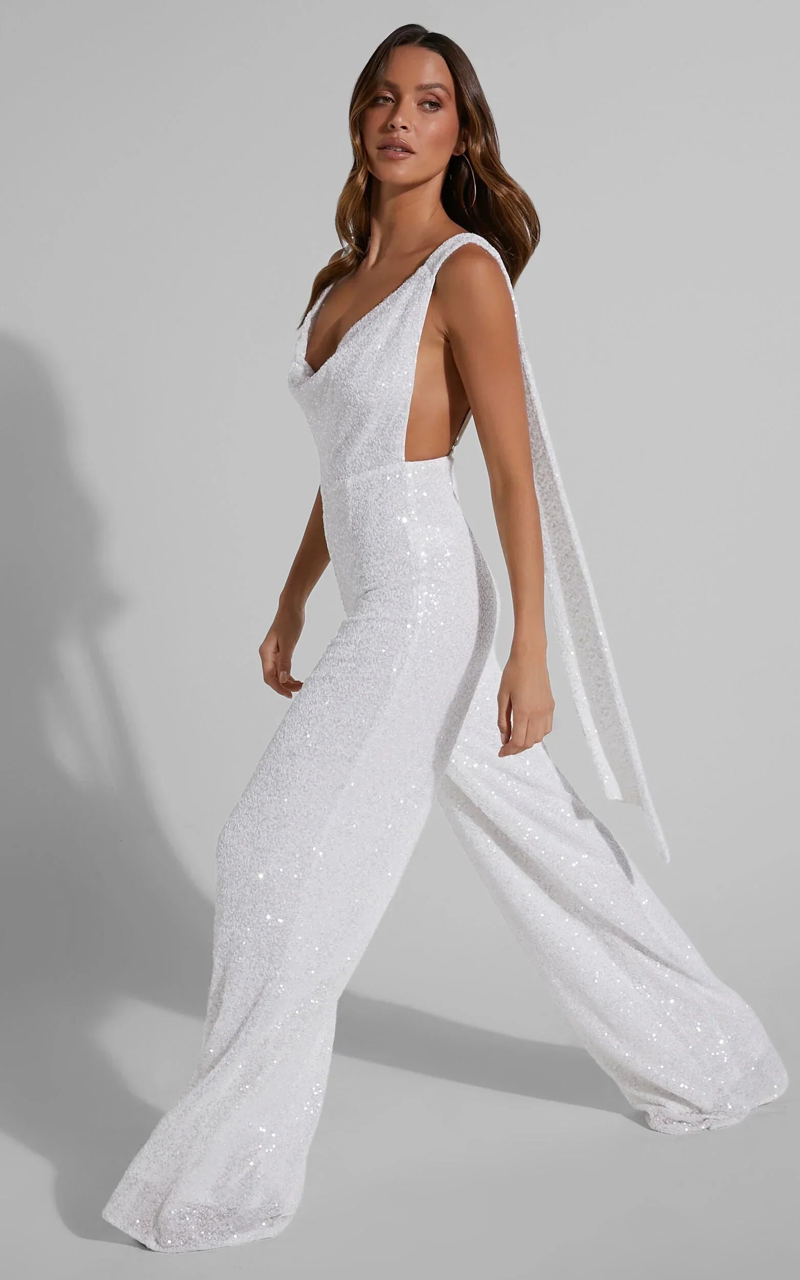 Malisha Jumpsuit - Cowl Neck Backless Jumpsuit In White Sequin