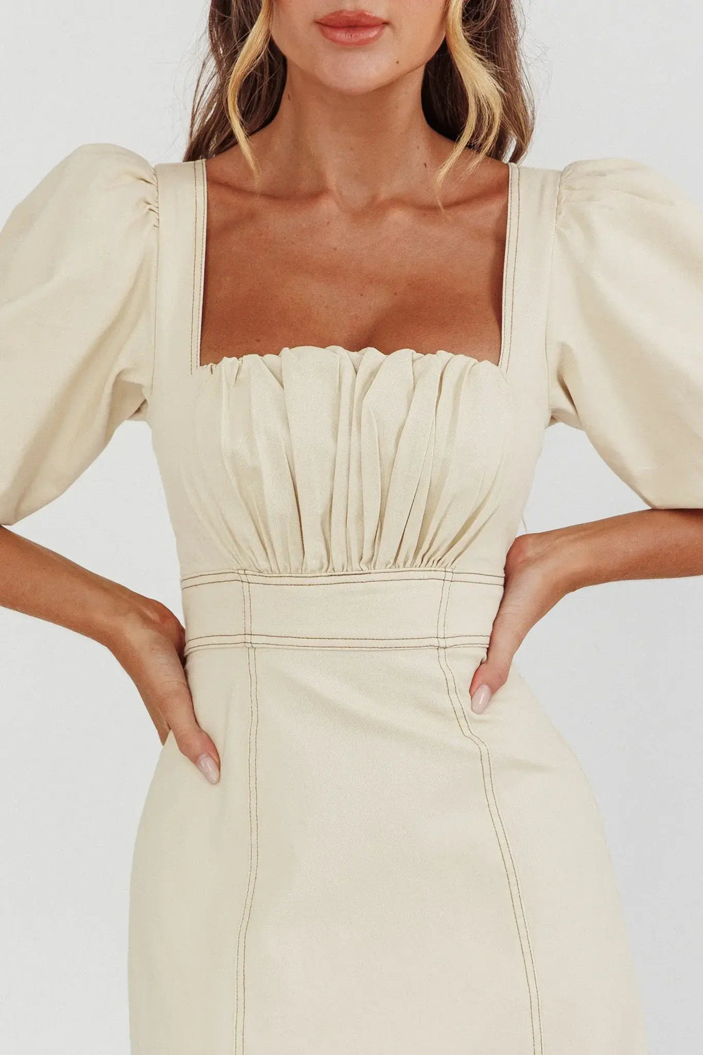 Sibille Puff Sleeve Contrast Stitch Dress Butter
