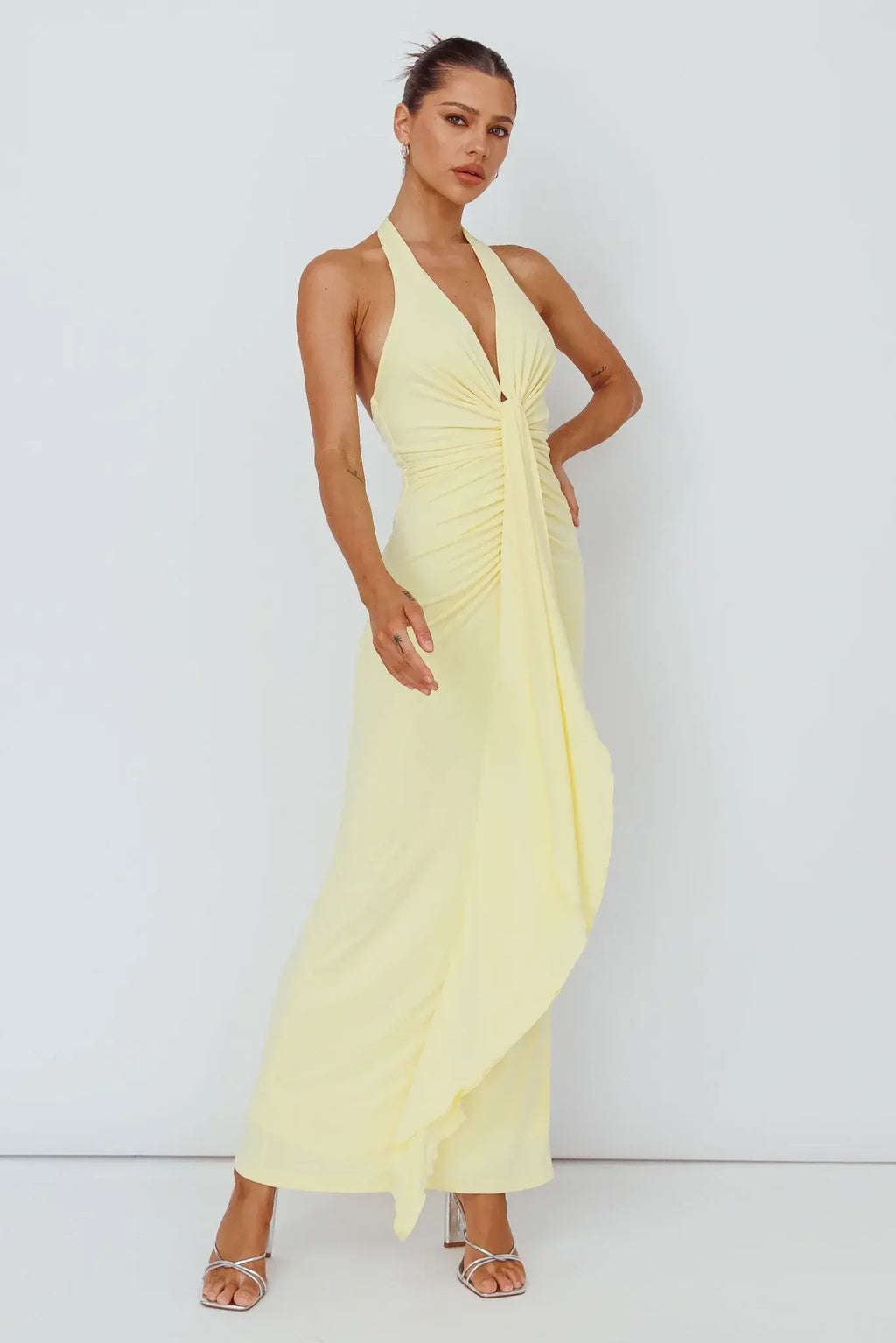 Ray Of Light Ruched Halterneck Maxi Dress Lemon