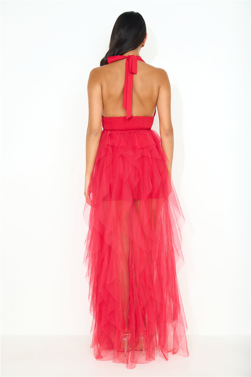 Prideful Halter Tulle Maxi Dress Red