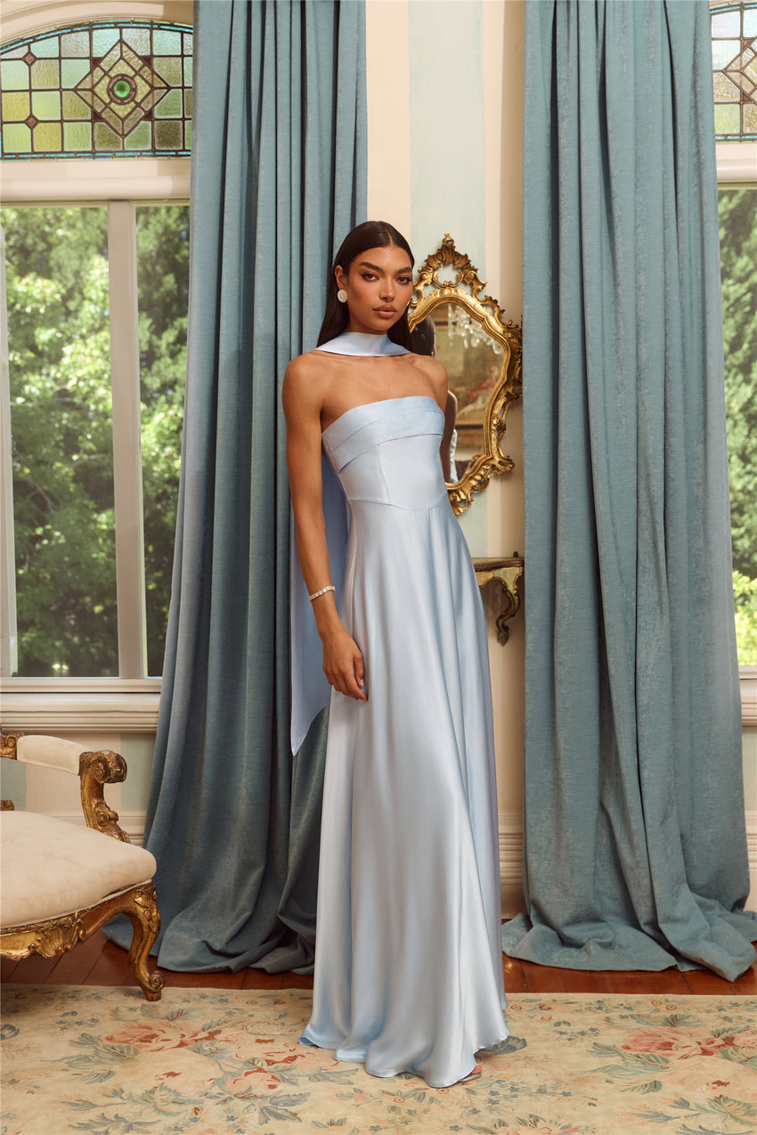 The Serina Strapless Satin Maxi Dress Light Blue