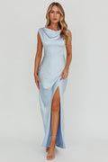 Jinora Cowl Neck Leg Slit Satin Maxi Dress Blue