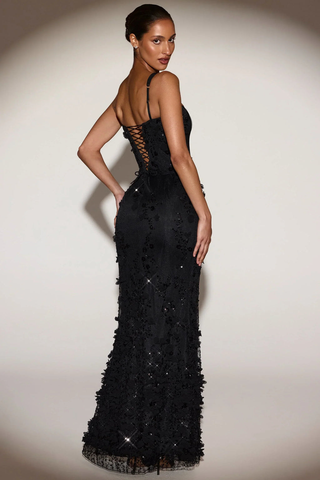 Embellished Appliqué Soft-Scoop Corset Gown In Black
