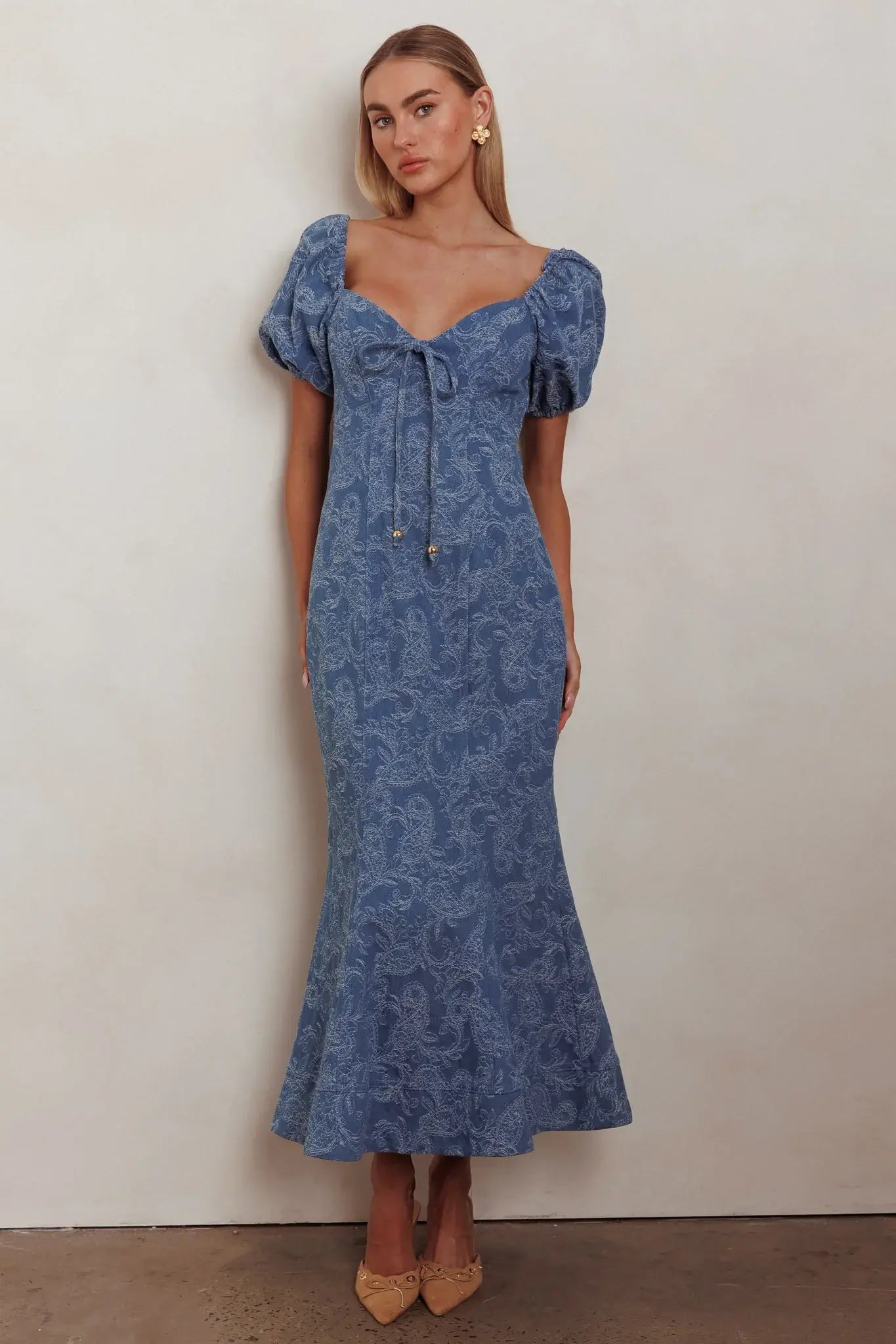 Feeling Electric Puff Sleeves Mermaid Maxi Dress Denim Blue