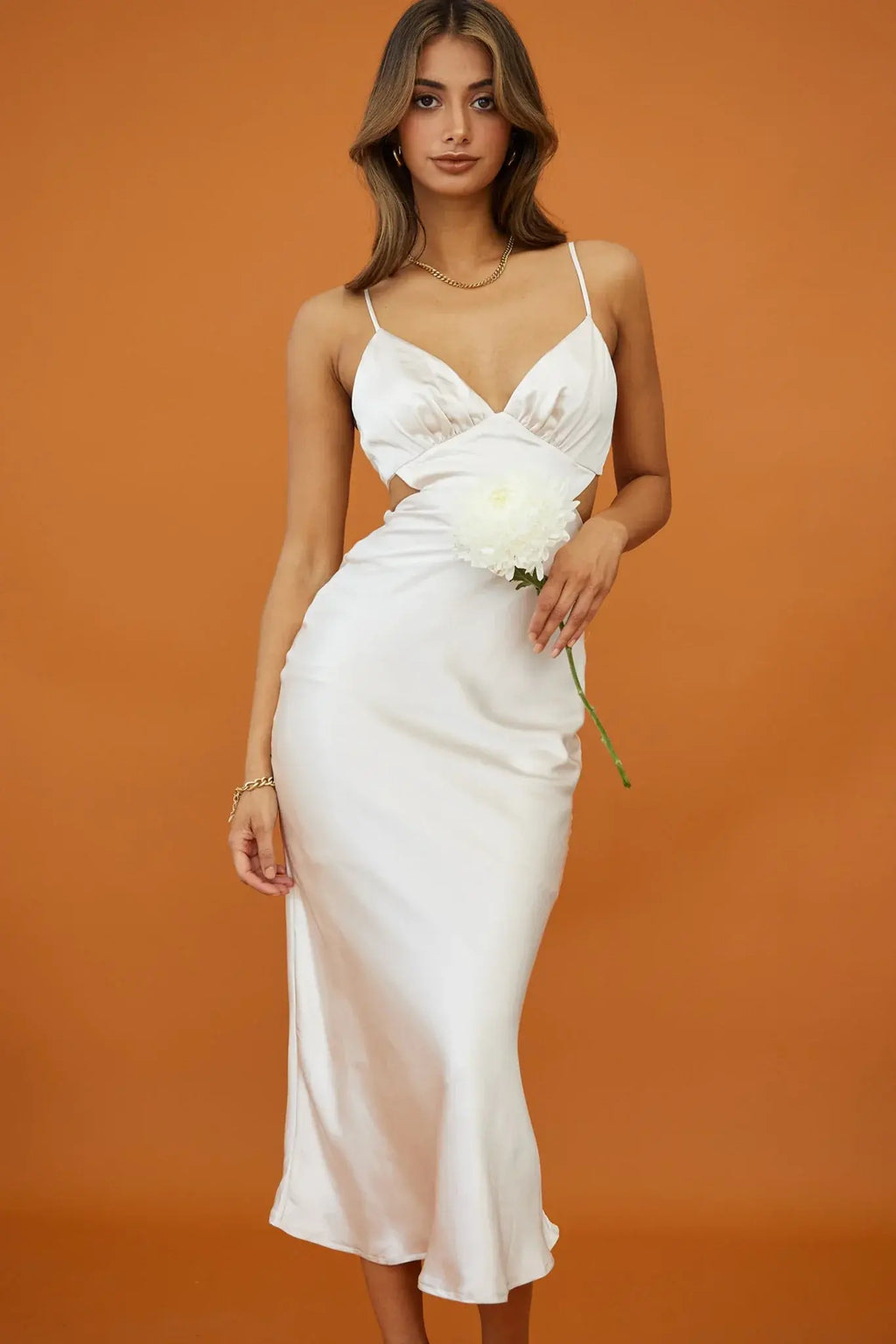 City Lights Cut-Out Waist Strappy Back Midi Dress Champagne