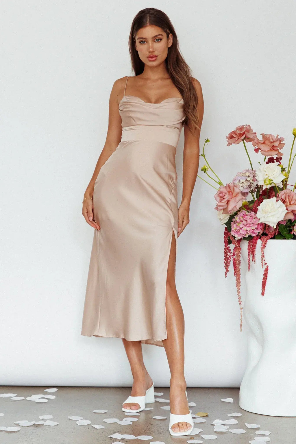 Giorgette Side Split Midi Dress Champagne