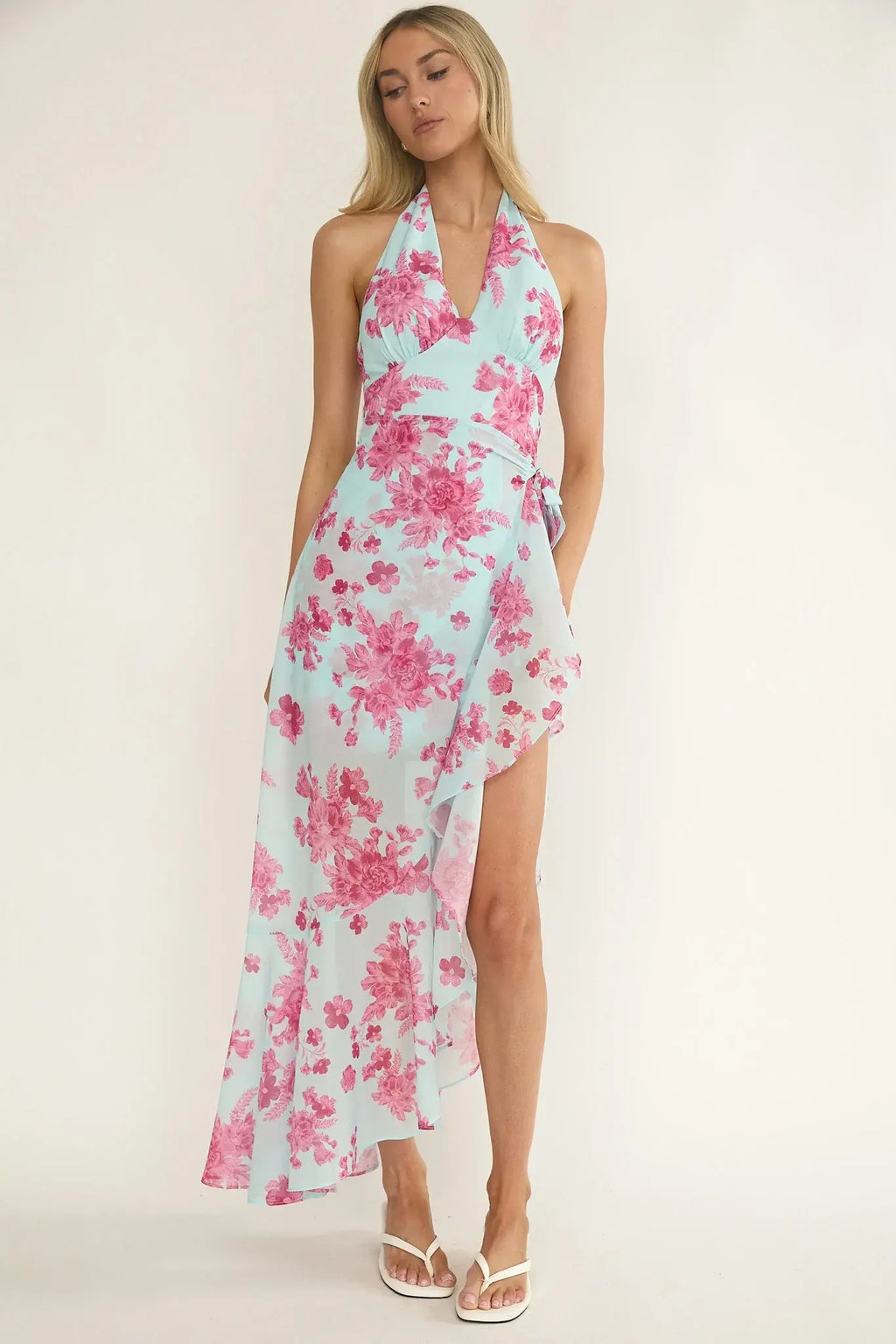 Nerida Waist Tie Asymmetric Dress Floral Ice Blue