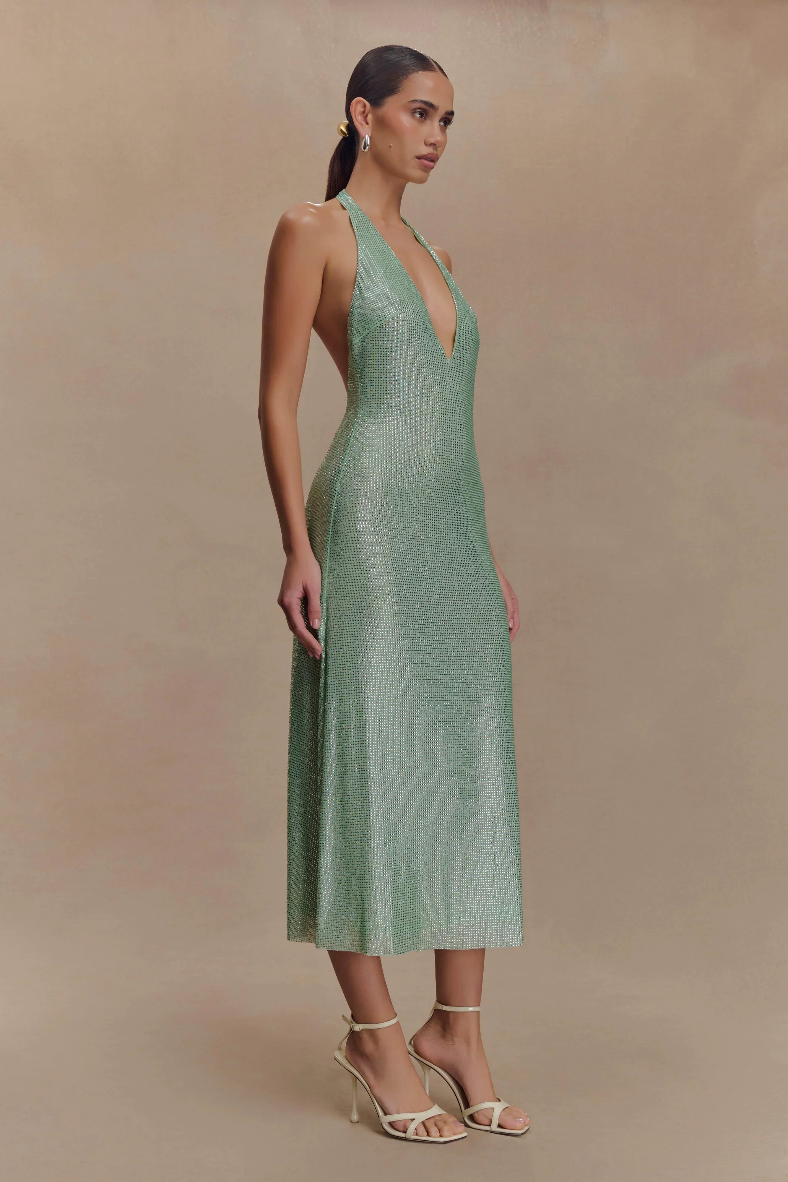 Genie Diamante Halter Midi Dress - Mint