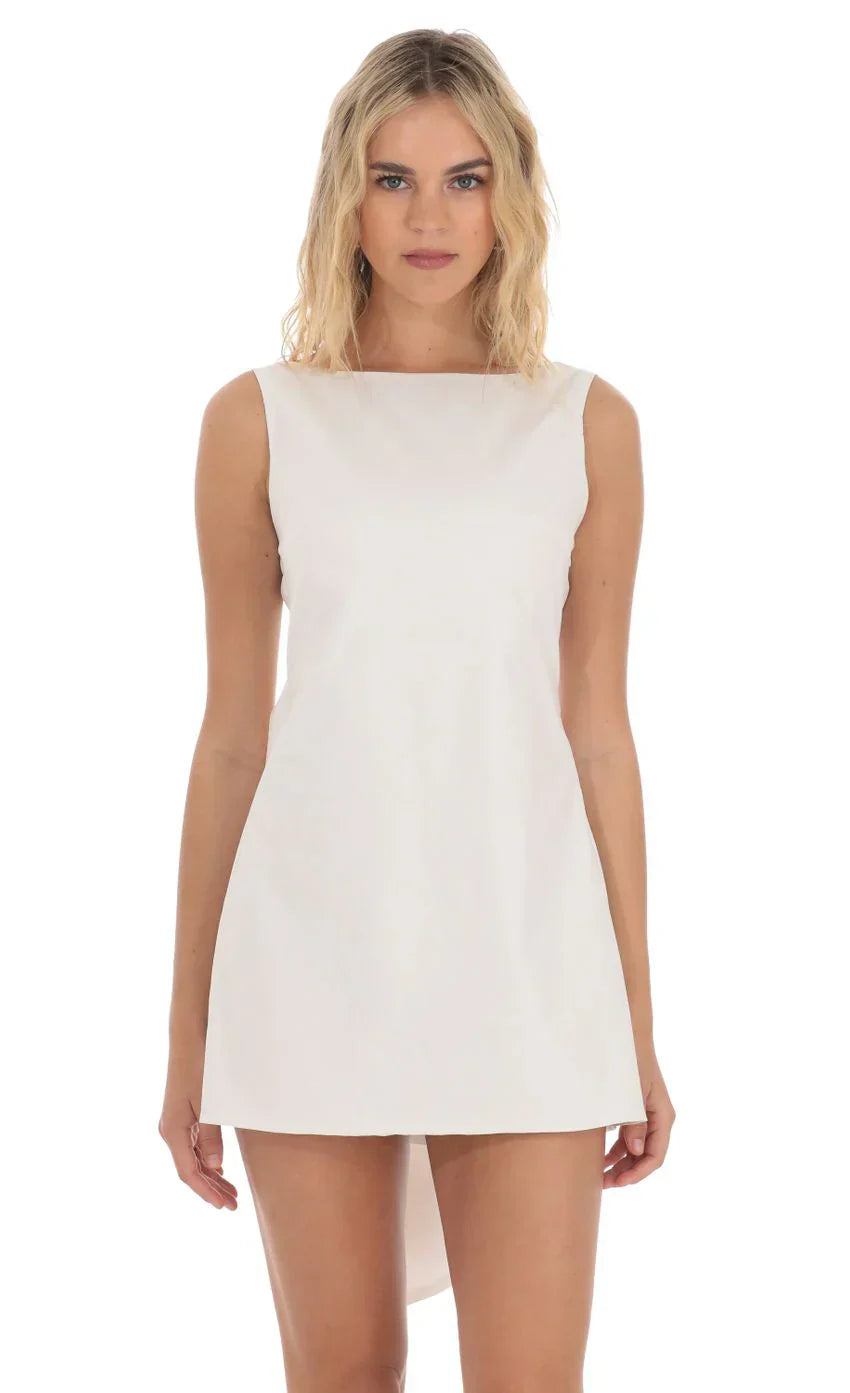 High Neck Back Bow Dress In White