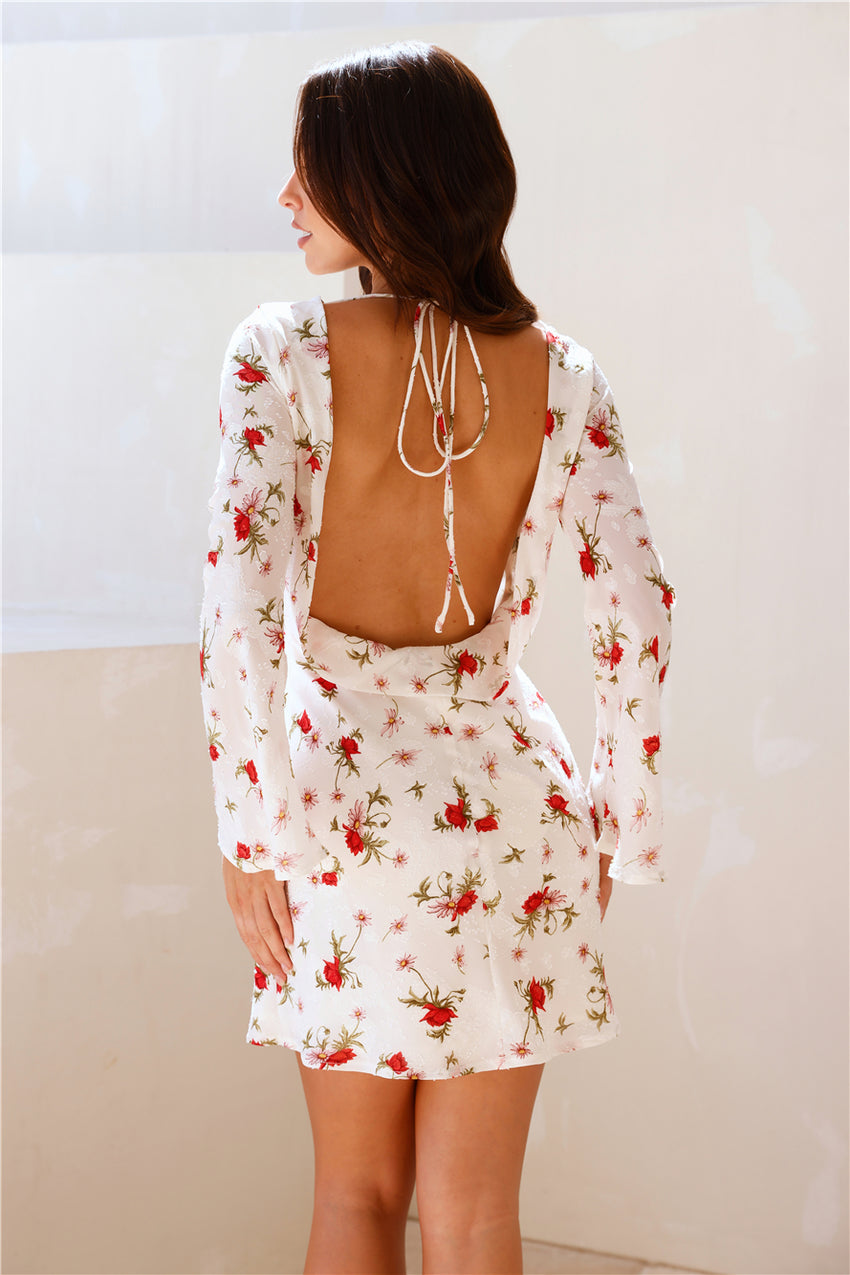 Space Flowers Long Sleeve Mini Dress Cream