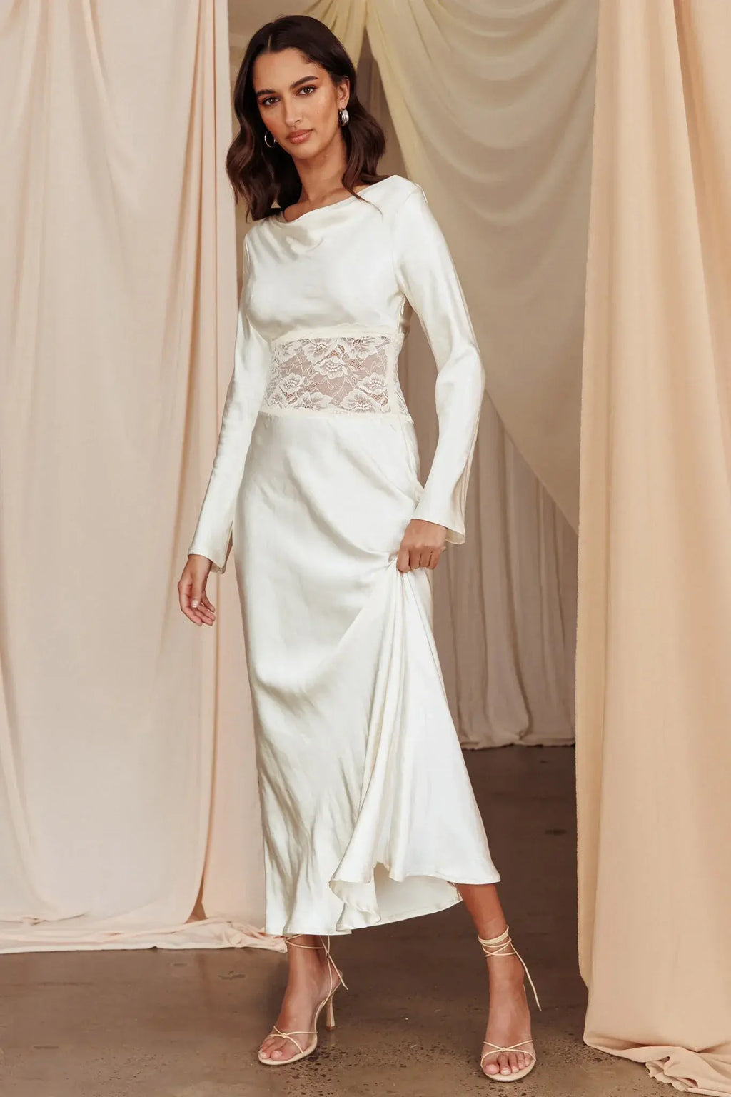 Loveland Lace Insert Cowl Back Dress Oyster
