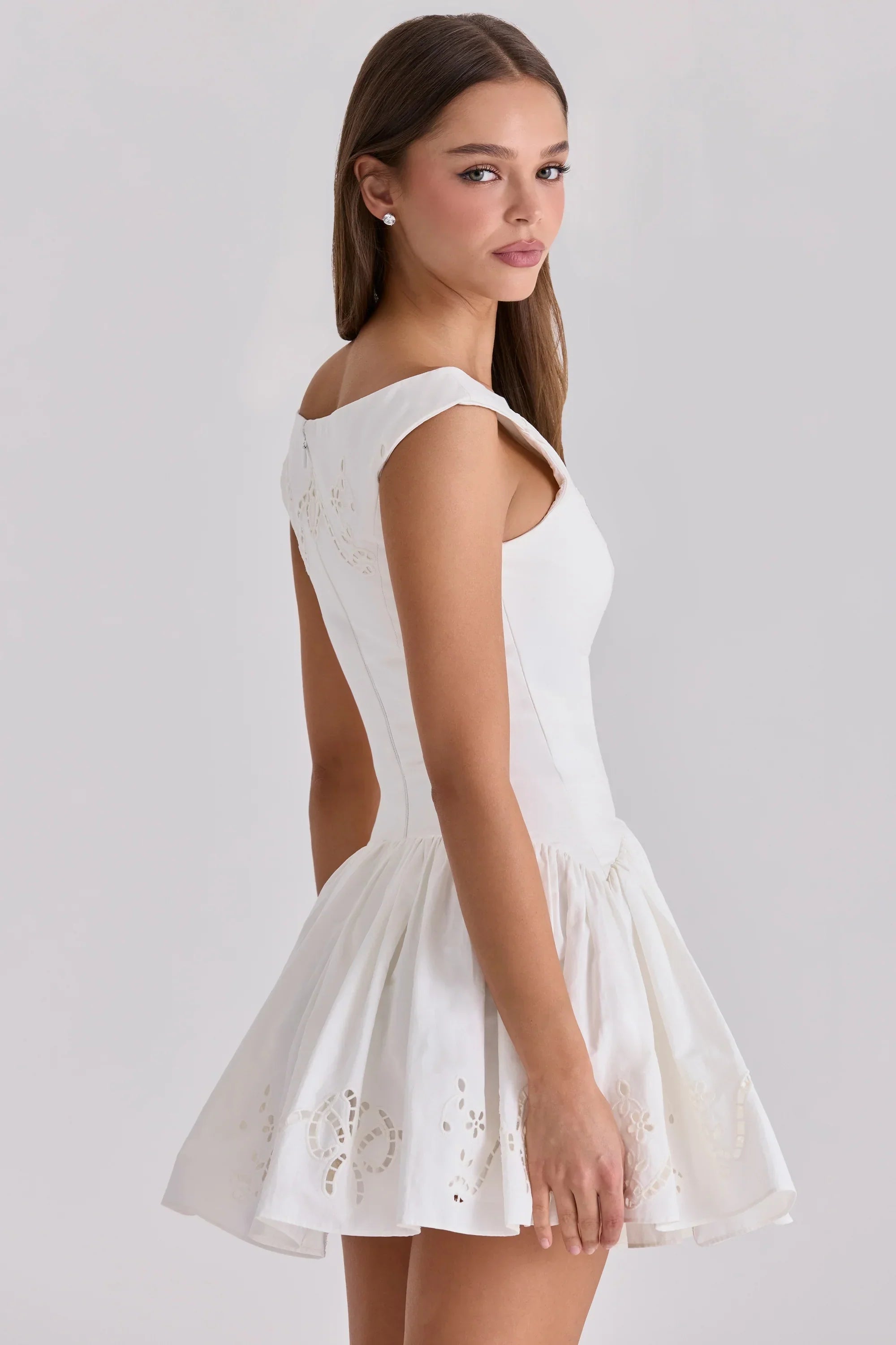 White Cotton Broderie Anglaise Boat Neck Mini Dress