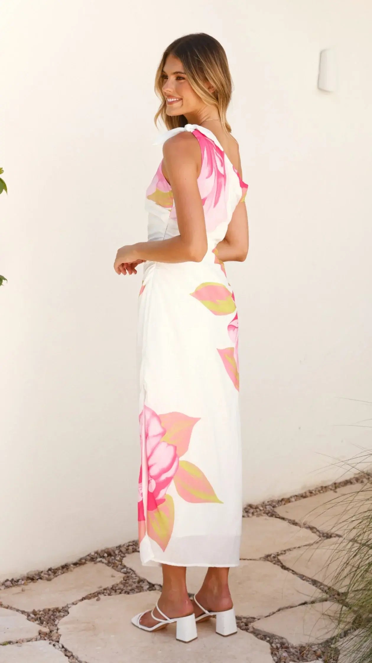 Maisy Shoulder Tie Midi Dress - Pink Green