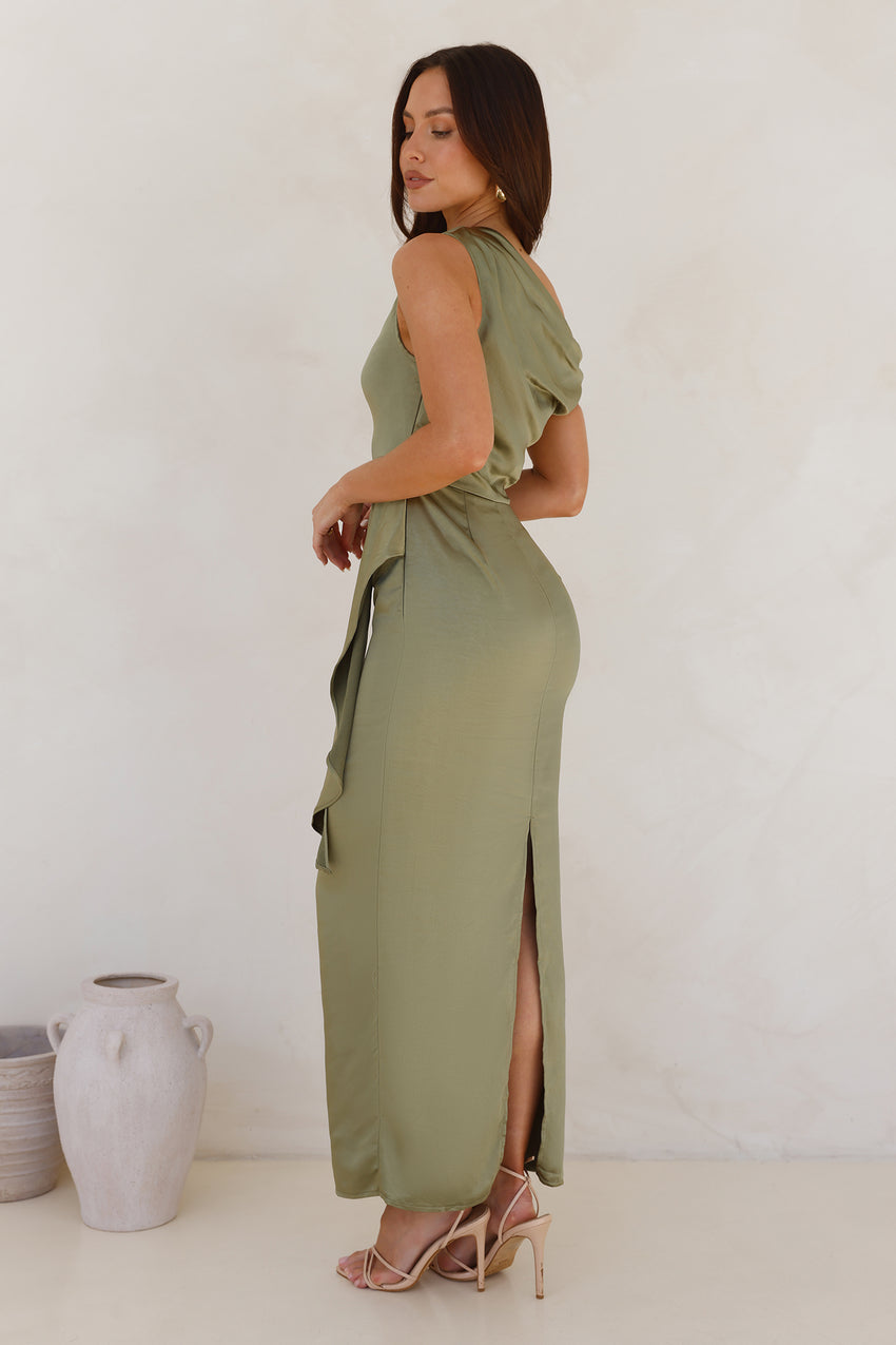 Satin Whisper Off Shoulder Maxi Dress Sage