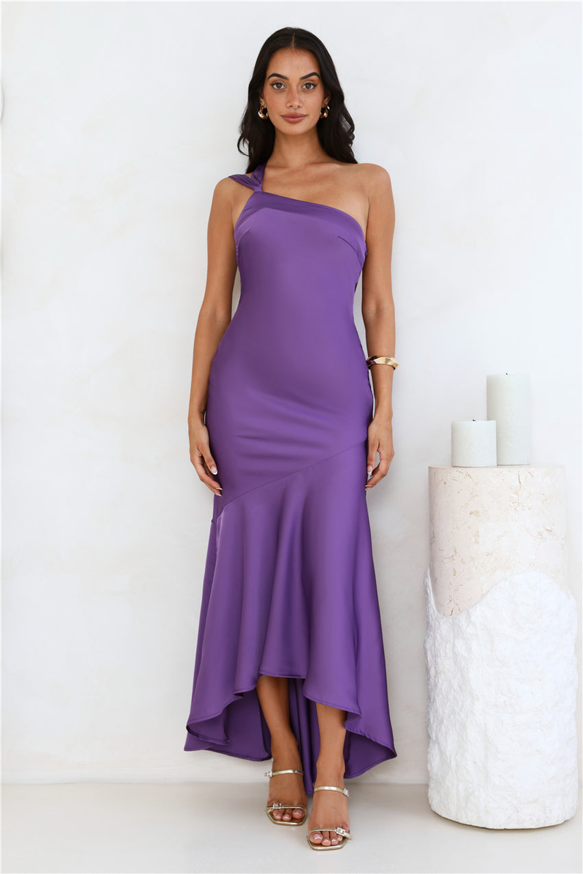 Romantic Affair Satin One Shoulder Maxi Dress Purple