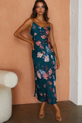 Suki Front Split Midi Dress Oriental Floral Print Forest Green