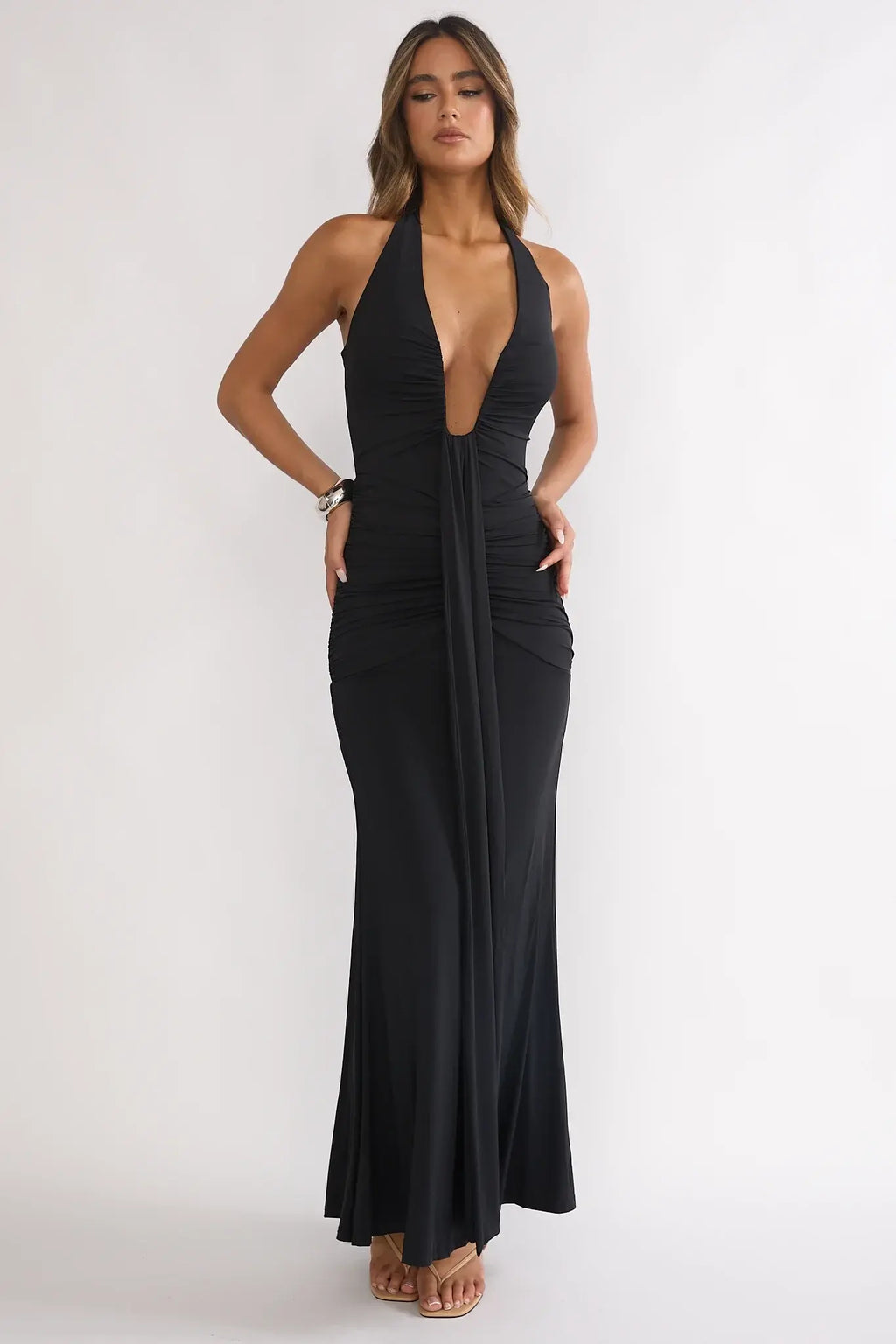 Brienna Halter Ruched Maxi Dress Black