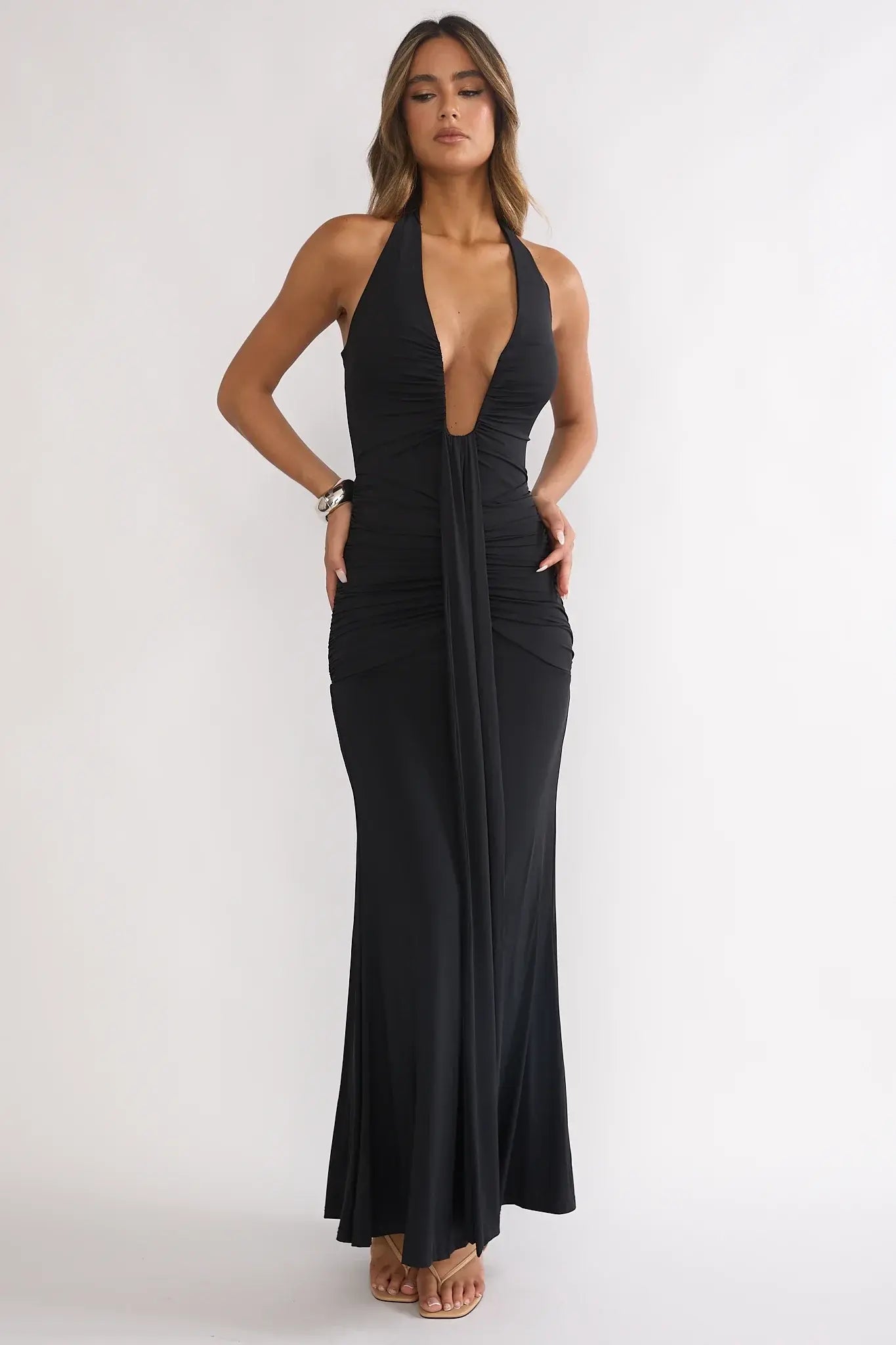 Brienna Halter Ruched Maxi Dress Black