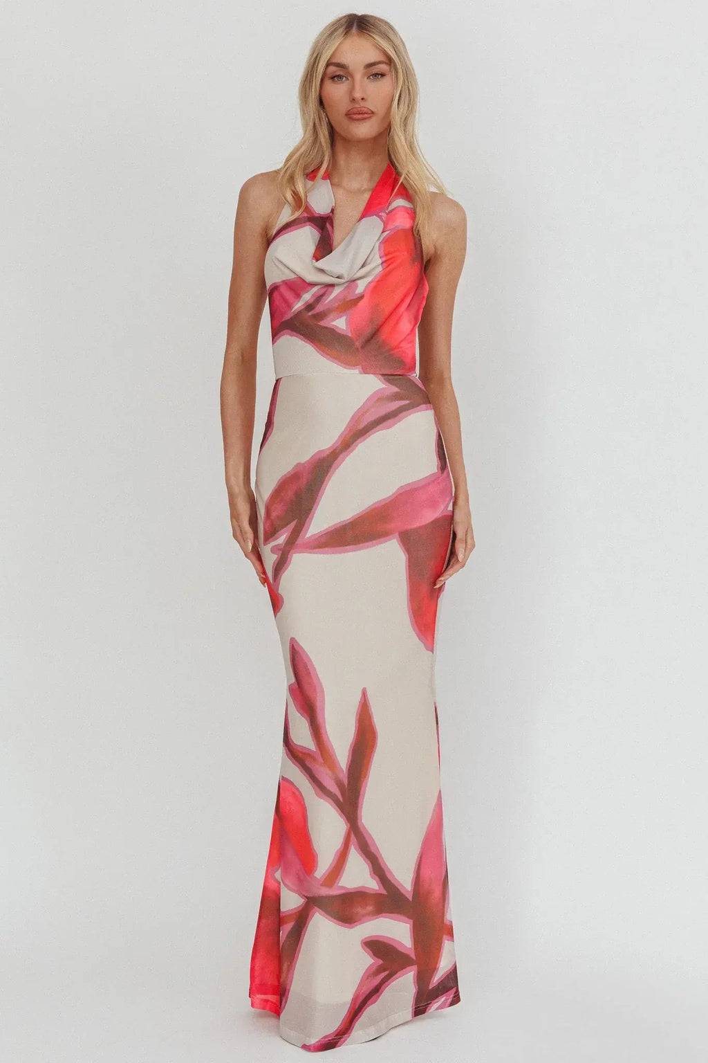 Outlier Cowl Halterneck Maxi Dress Print Beige