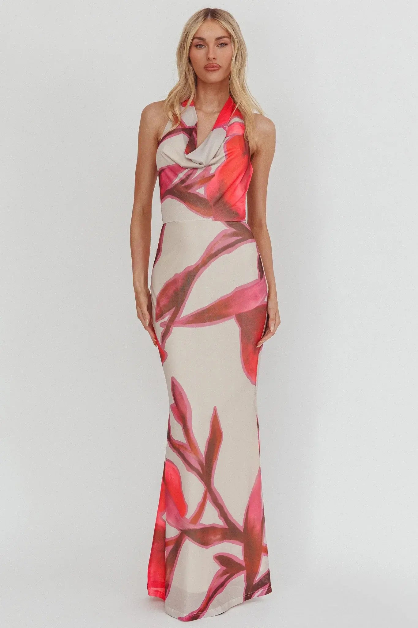 Outlier Cowl Halterneck Maxi Dress Print Beige